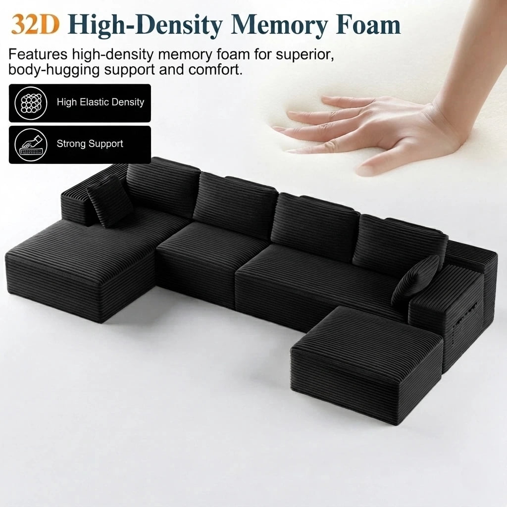 U-Shape Sectional Sofa, Lofka 135'' Modular Sectional Couch with Chaise Lounge, Couch Comfy Corduroy Floor Sofa for Living Room, Corduroy Upholstered 4-Seater Sofa with Pillow Back and Square Arms,