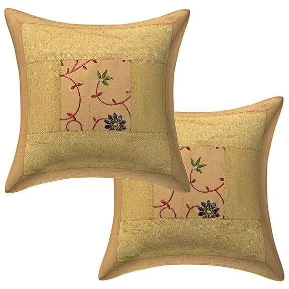 Stylo Culture Ethnic Settee Sofa Throw Pillow Covers Embroidered 16x16 Brocade Patchwork Gold Traditional 40 x 40 cm Lounge Decor Polydupion Floral Square Cushion Covers | Set Of 2
