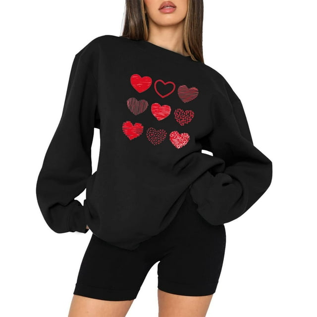 Qertyioot Chemise Cœur d'Amour Pull de la Saint-Valentin, Femmes Manches Longues Col Rond Hauts Blouse Ample Imprimé Graphique Sueur