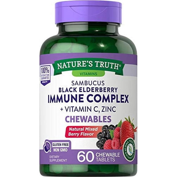 Nature's Truth Elderberry Immune Support with Vitamin C and Zinc Chewable Tablets, 60 Count, 3 Pack