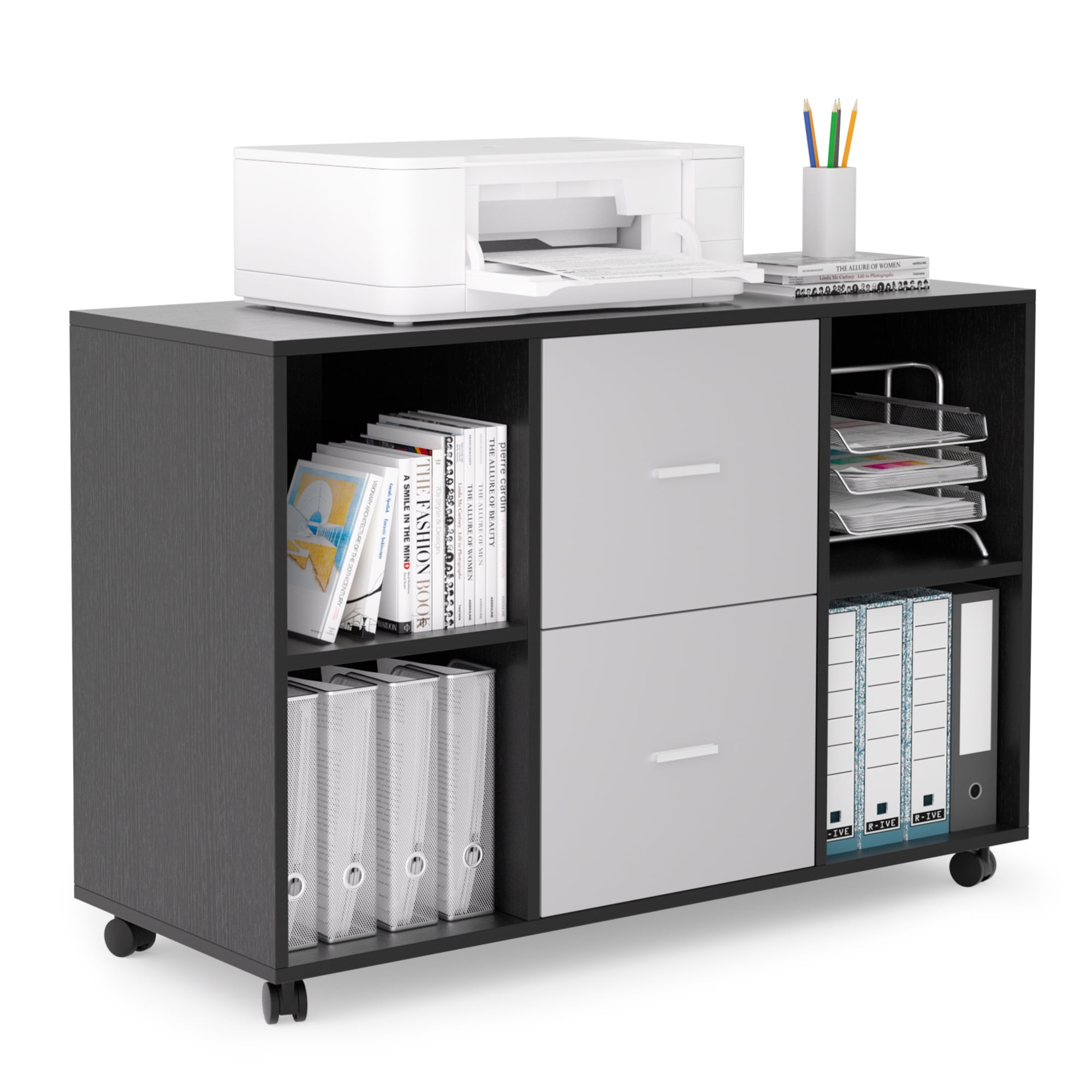 Resenkos File Cabinet 2 Drawers Wooden Lateral Filling Cabinet with Lock Mobile for Home Office Printer Stand with 4 Open Storage Shelves,Black Oak Light Gray Resenkos File Cabinet 2 Drawers Wooden Lateral Filling Cabinet with Lock Mobile for Home Office Printer Stand with 4 Open Storage Shelves,Black Oak Light Gray