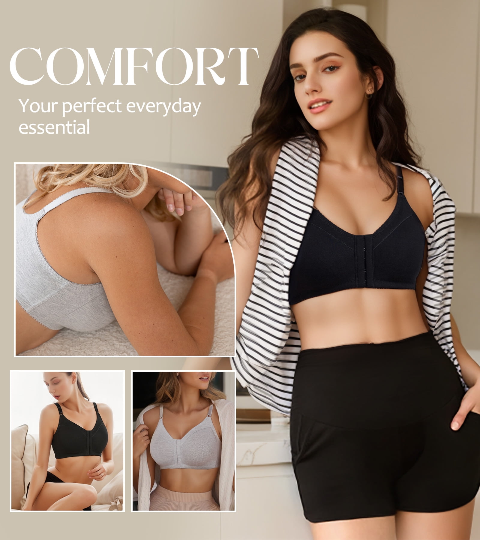 Exerin Women's Front Closure Bras Wireless Comfort Unlined Full Coverage Cotton Bra(36B,Black)