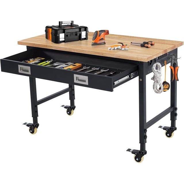 Établi de 48 Pouces x 24 Pouces avec Tiroir de Rangement, Prise de Courant et 4 Roues Verrouillables, Établi avec Dessus en Bois de Caoutchouc Robuste, Table de Travail à Hauteur Réglable pour Maison/garage/atelier - Capacité de Charge de 2000 Lb