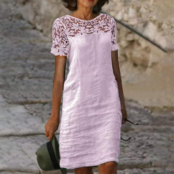 Herrnalise Plus Size Maxi Dresses for Women 2024 Spring/Summer New Round collar Loose Lace Stitching Hollow out Short Sleeve Midi Sun dress Pink