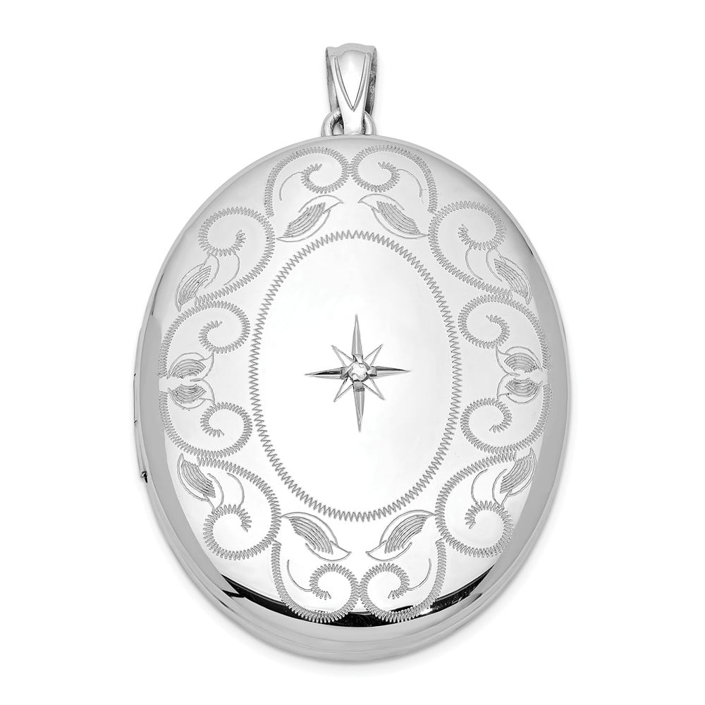 FB Jewels Solid 925 Sterling Silver Rhodium-Plated and Diamond Swirl Border 34mm Oval Locket
