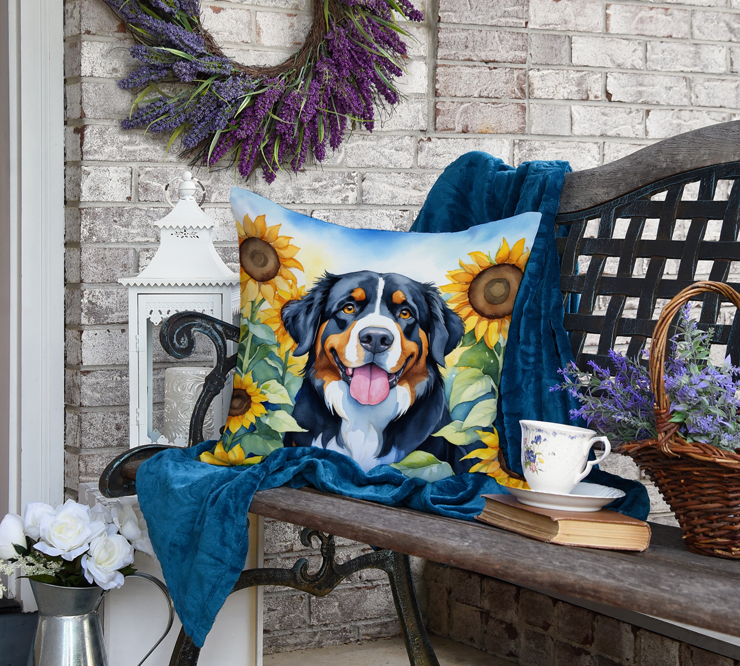 Bernese Mountain Dog in Sunflowers Throw Pillow 18 in x 18 in