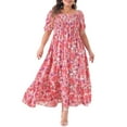 thumbnail image 1 of GRACE & GRANDEUR Robe Maxi Bohème à Fleurs pour Femme Grande Taille, Manches Courtes, Encolure Carrée, Smockée, 1X Rose Vif, 1 of 6