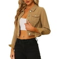 thumbnail image 5 of INSPIRE CHIC Women's Denim Cropped Jackets Chest Pocket Plaid Trim Button Down Jean Jacket S Khaki, 5 of 7