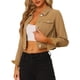 thumbnail image 4 of Chaquetas de mezclilla recortadas para mujeres INSPIRE CHIC con bolsillo en el pecho, con ribete de cuadros, chaqueta de mezclilla abotonada 2XL color caqui, 4 of 6