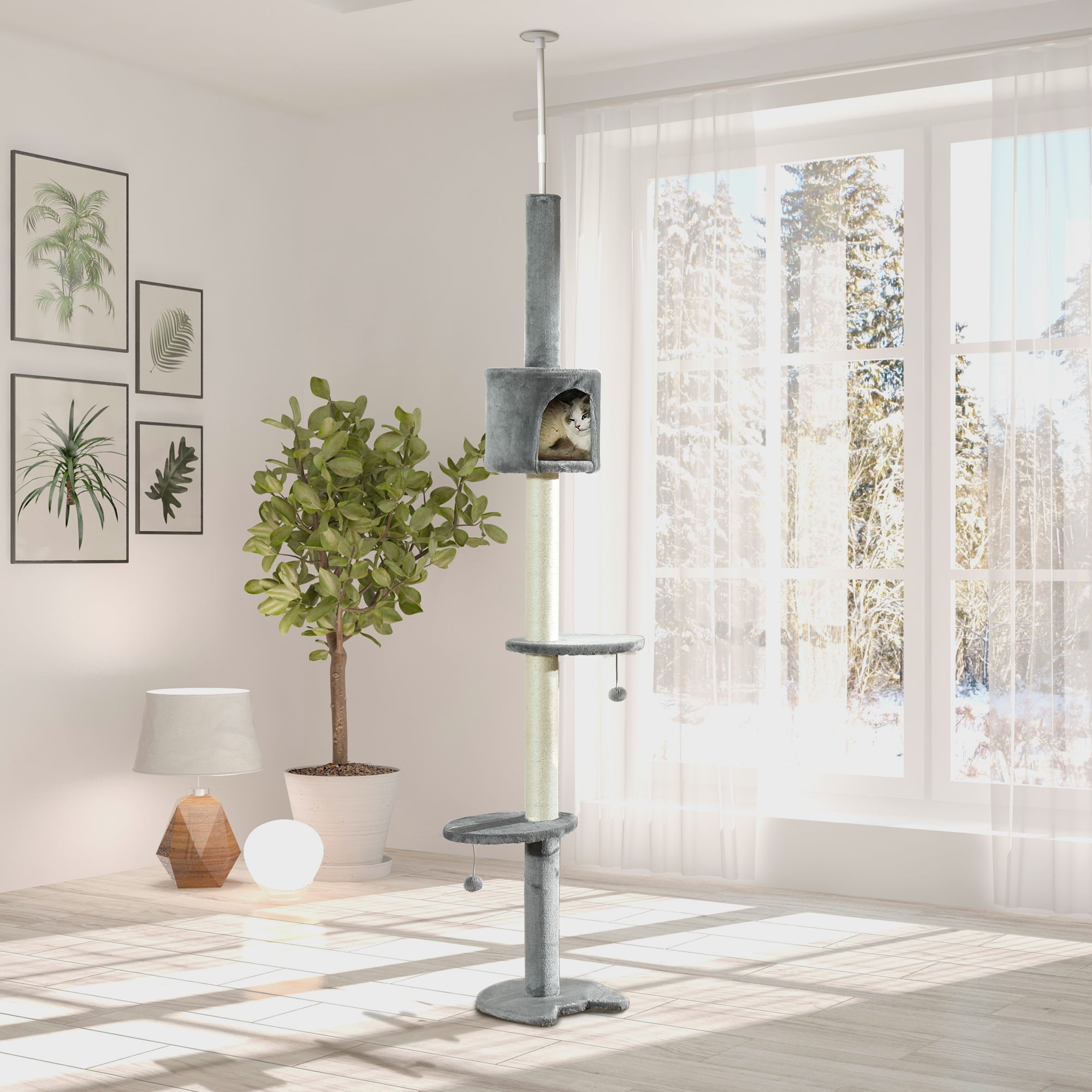 85.5" Cat Tree Height Adjustable Floor-to-Ceiling 4-Tier Kitty Climbing Activity Center Condo Cat Toy with Scratching Post Hanging Balls Play Rest Post Pet Furniture Grey