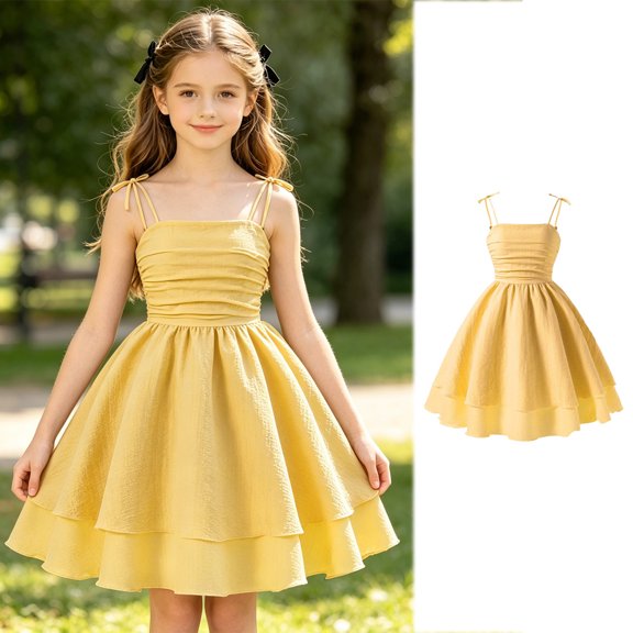 Girls Summer Dress Sleeveless Strappy Casual For Kids Age 8 12 Elastic Comfortable Outdoor Play Outfit Toddler Wedding Dress Fit Tights Girls 4t Holiday Dress Girls plus Size Dresses Holiday