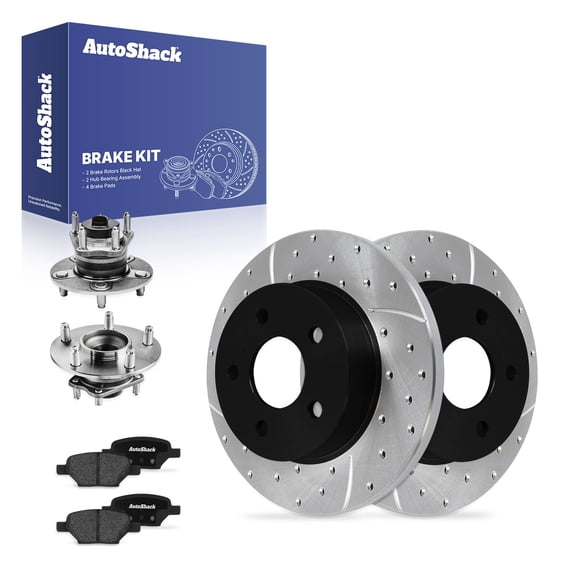 AutoShack Rear Solid Drilled & Slotted E-Coated Brake Rotors   Ceramic Pads   Hub Bearing Assembly 8-PC Brake Kit Replacement for 2004-2012 Chevrolet Malibu ShadowGuard 10.62" (269.7 mm)