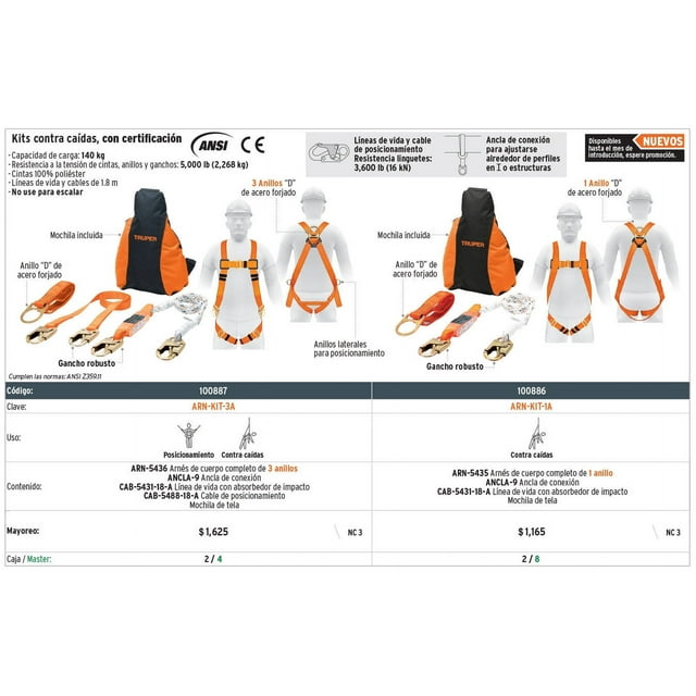 Kit contra caídas con arnés de un anillo, ANSI, Truper TRUPER ARN-KIT-1A