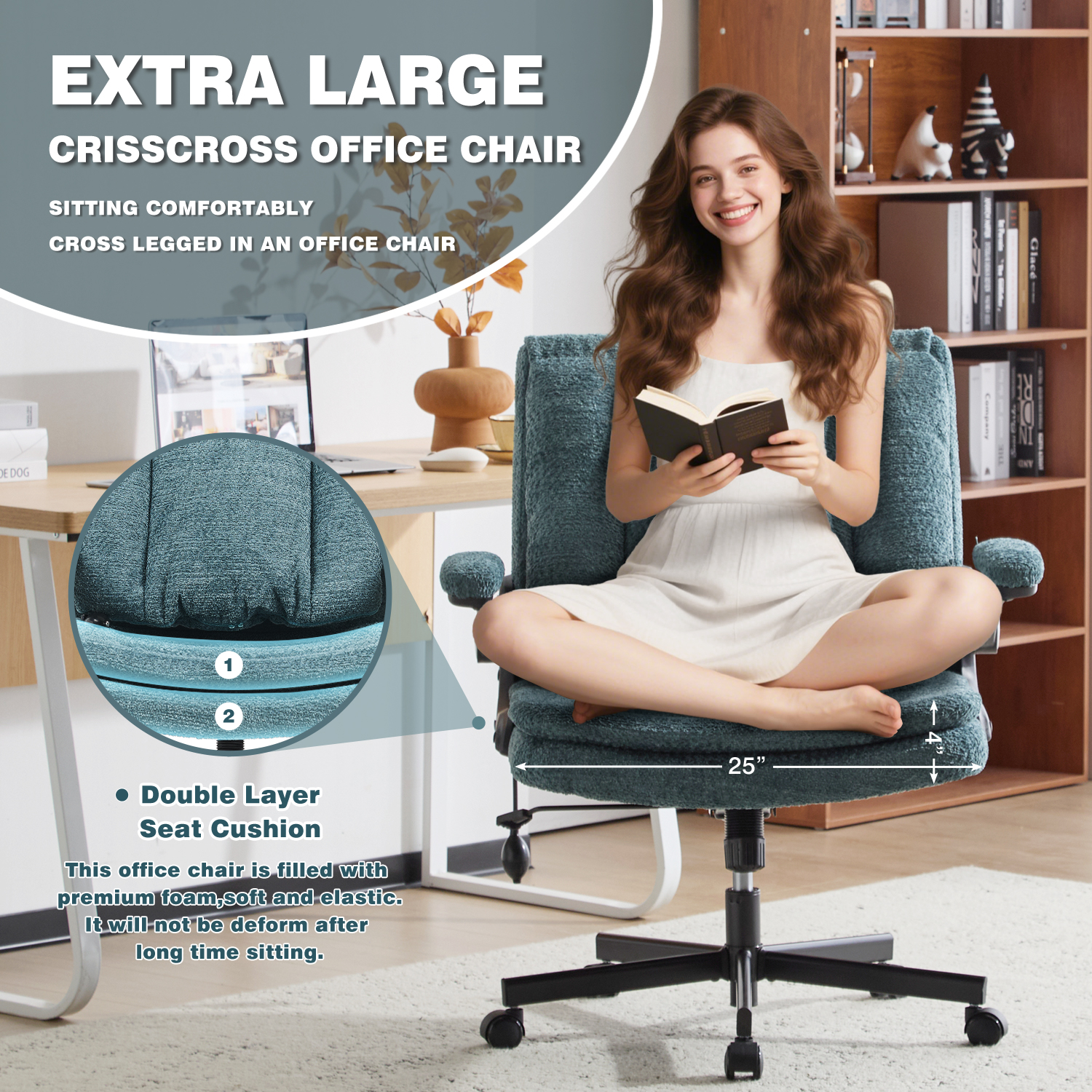 Wide Criss Cross Chair with Flip Up Back Cushion and Arms, Ergonomic Cross Legged Office Chair with Dynamic Lumbar Support, Upholstered Swivel Rolling Vanity Chair for Customized Comfort