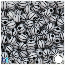 BeadTin White Opaque 12mm Round Pony Beads - Black Basketball Design (48pcs)
