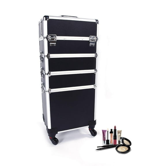 Winado 4 in 1 Makeup Rolling Train Case Aluminum Trolley Professional Cosmetic Organizer Box with Shoulder Straps 2 Keys Black