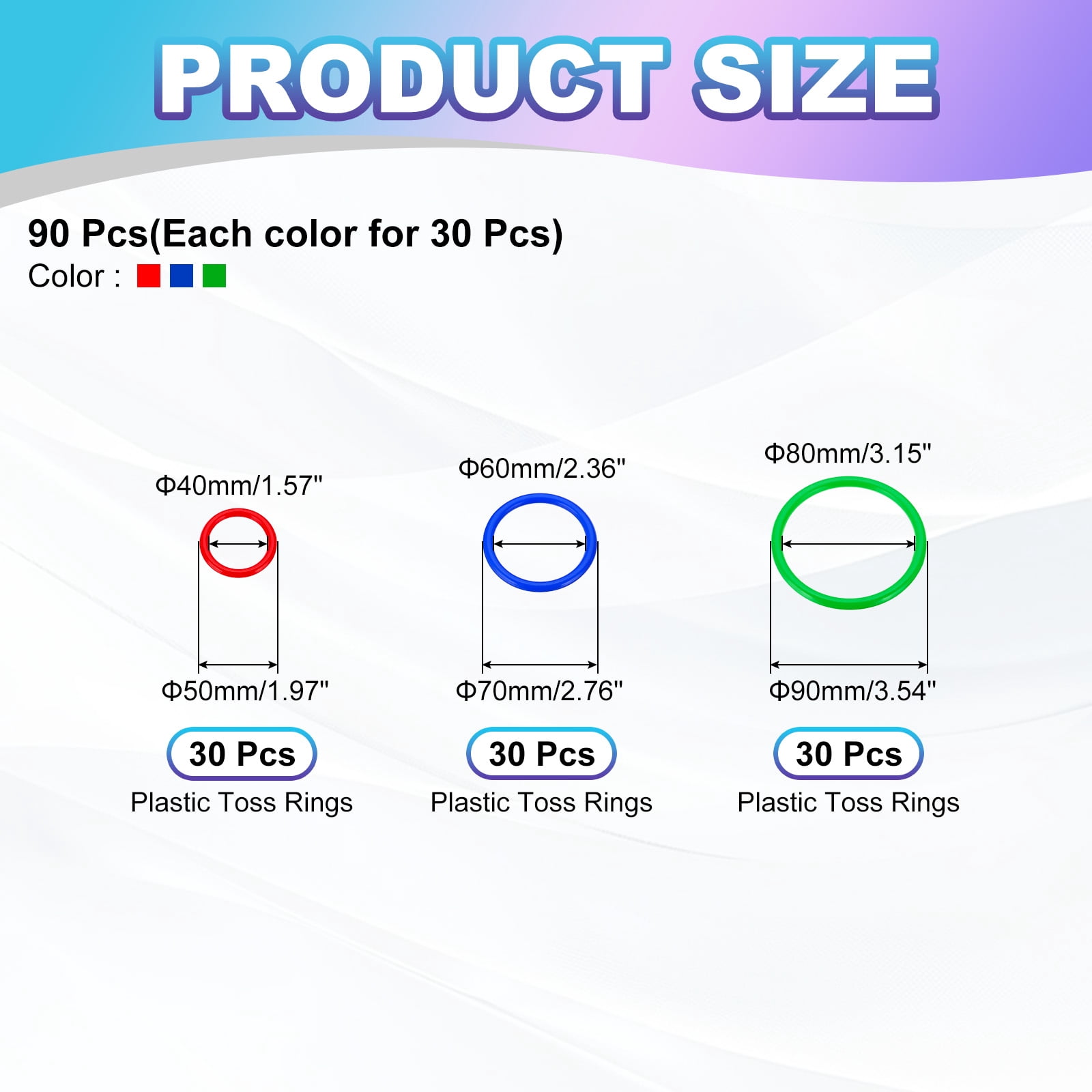Uxcell Plastic Toss Ring 3 Sizes, 90 Pack Sports Rings Toss Game for Carnival Outdoor Games, Red/Blue/Green