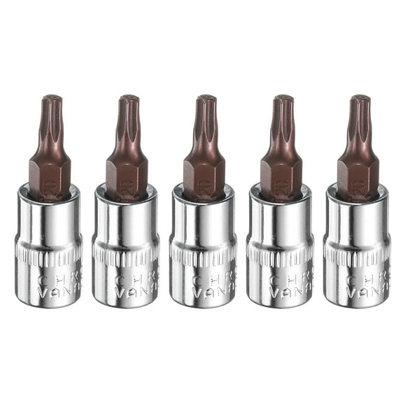 Uxcell 5pcs T20 Torx Bit Socket 1/4" Square Drive Star 6 Point Extension Impact Bit Power Nut Driver Set S2 & CR-V Steel Socket Ratchet Wrench Bits, Silver Red