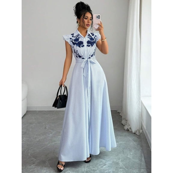 Blue And White Striped Embroidered Shirt Dress With Ruffle Sleeves And Waist Tie Bow