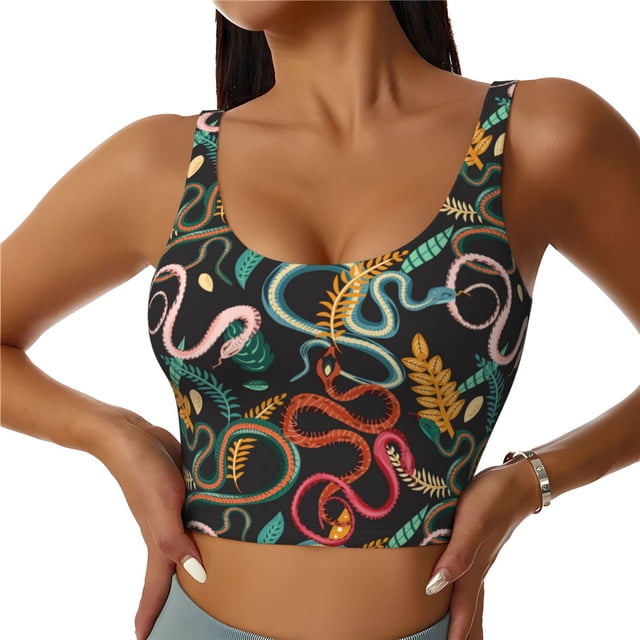 Balery Snake And Flower Sujetadores deportivos con espalda cruzada para mujer, acolchados, sin costuras, de alto impacto, ideales para yoga, gimnasio, entrenamiento y fitness.-Large
