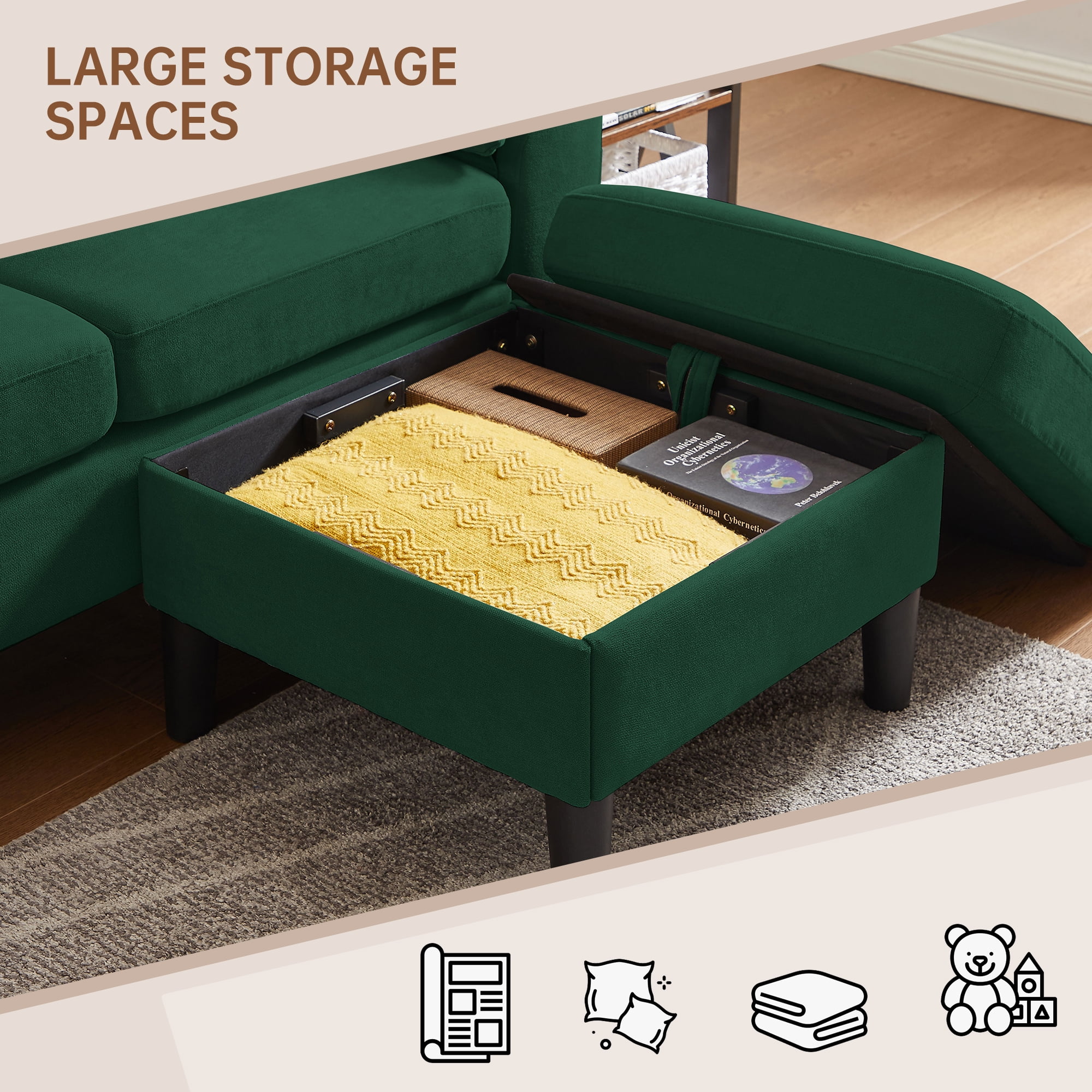 Pingliang Home 80" Sectional Sofa Couch,L Shaped 3 Seat with Reversible Storage Ottoman and Side Pockets, Modern Polyester Fabric Sofa Couches for Living Room Apartment Office Studio Small Space