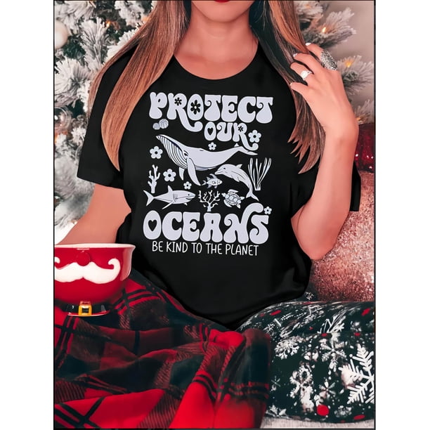 Creative English Ocean Animal Pattern Printed Women'S Fashionable Round Neck Short Sleeve, Simple Casual Sports T-Shirt, Comfortable Summer Top for Holidays.
