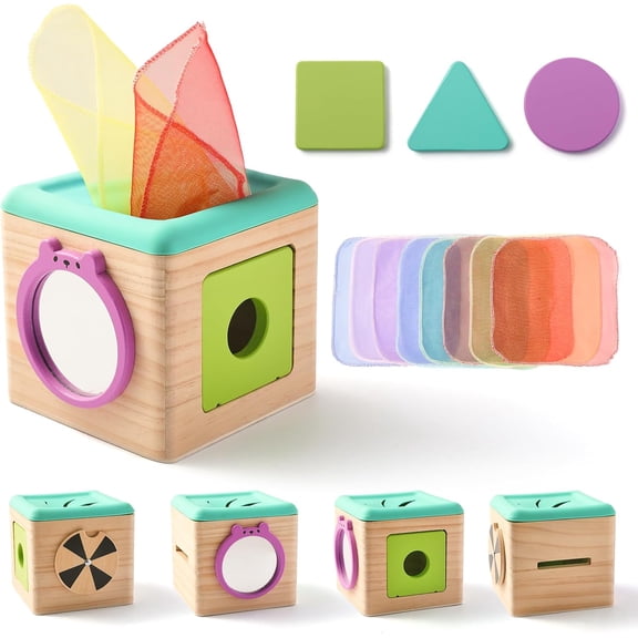 Montessori Wooden Tissue Box Toy with 3 Shape Blocks & 8 Silk Scarves – Sensory Learning Gift for Babies, Toddler Fine Motor Skills Activity