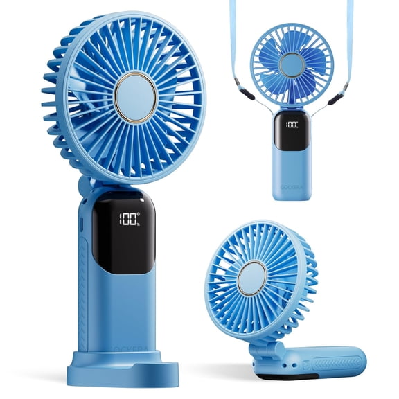 FU1999Portable Fan, 4200mAh Battery Operated Fan, 5 Speeds&Digital Display, Makeup Fans for Women with Base, 180°Foldable 3in1 Handheld/Neck/Desk Fan for Outdoor Indoor,Ultra Quiet (sky blue)