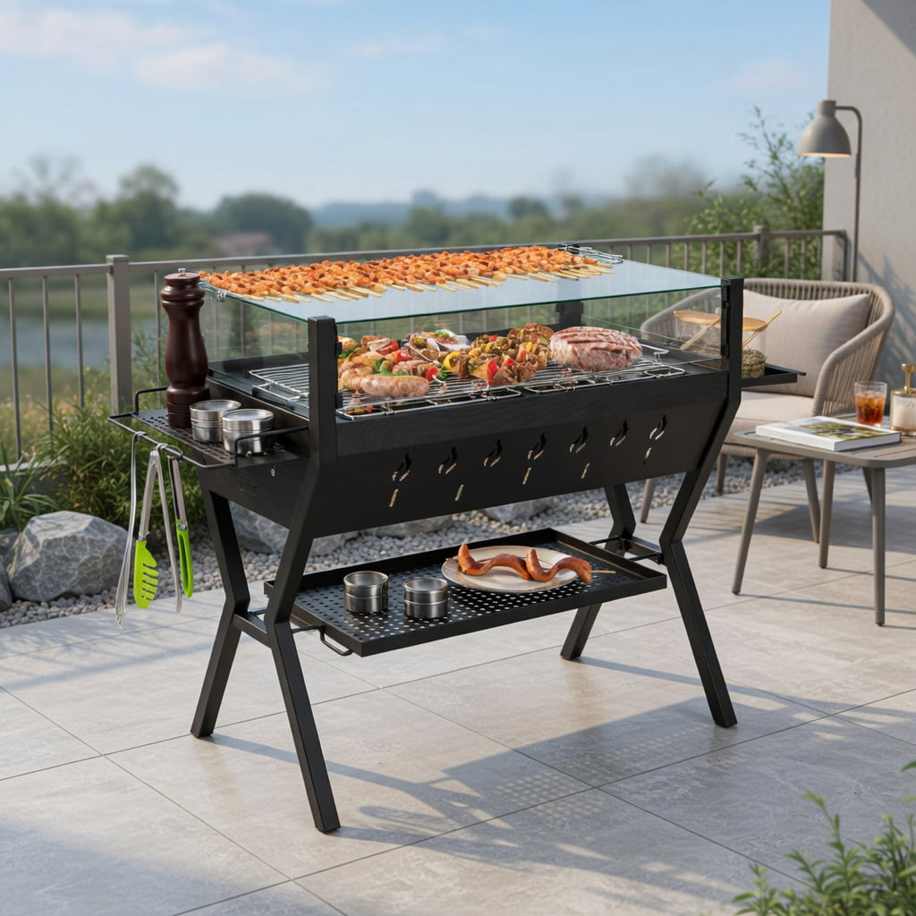 Resenkos Outdoor Patio Barbecue Cooker, Outdoor Grills,Barbecue Charcoal Grills with Wind Guard Seasoning Racks-Black