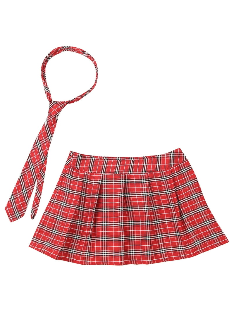 Eandarui Womens Plaid Pleated Mini Skater Skirt with Necktie High