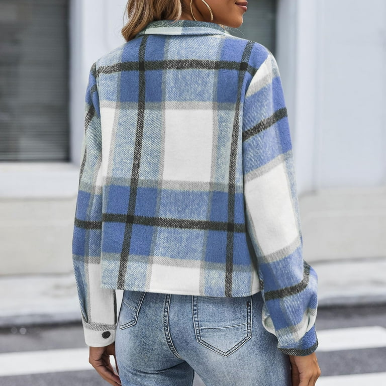 Tartan Blue Checked Jacket Womens Women's Winter Oversize Plaid