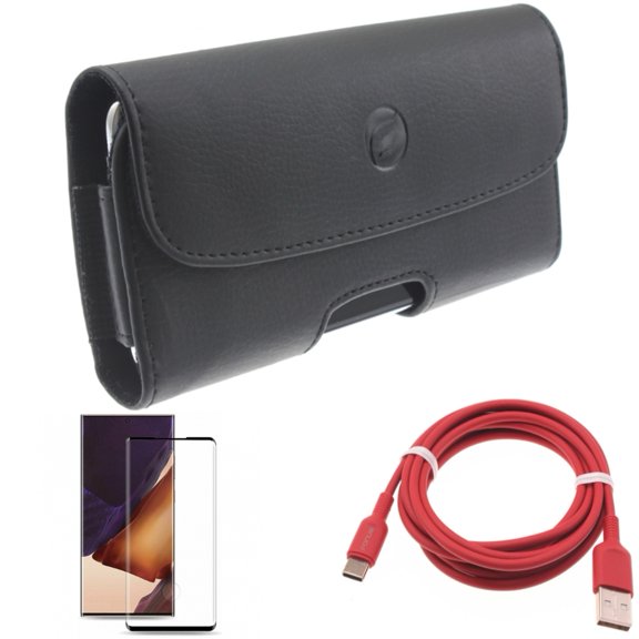 Screen Protector & Case Belt Clip & 6ft USB-C Cable for Samsung Galaxy Note 20 Ultra (6.9") - Combo with Tempered Glass (Fingerprint Unlock) & Leather Holster & Red Charger Cord