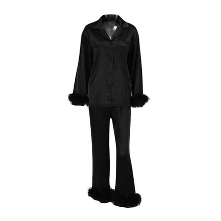 

Women Satin Silk Pajamas Set Button Down Long Sleeve Shirt with Feather Trim and Pants 2Pcs Sleepwear Loungewear