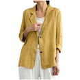 thumbnail image 4 of Wyobmus Summer Linen Blazer for Women Lightweight 3/4 Stretchy Ruched Sleeve V Neck Casual 2 Button Blazer Jacket With Pockets M-3X Yellow, 4 of 7