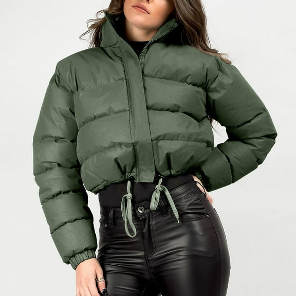YueHuiYing Women's Cropped Long-sleeved Jacket Zip Up Winter Short Quilted Jackets Bubble Coat