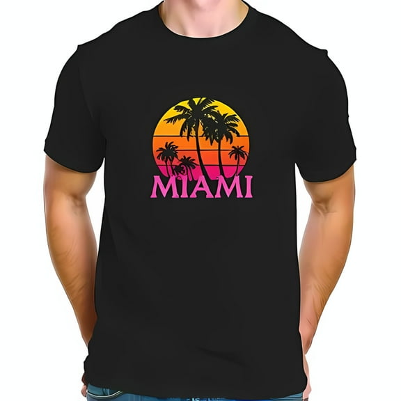 Vibrant Miami Sunset Graphic Cotton Short Sleeve T-Shirt with Tree Silhouettes - Relaxed Summer Style