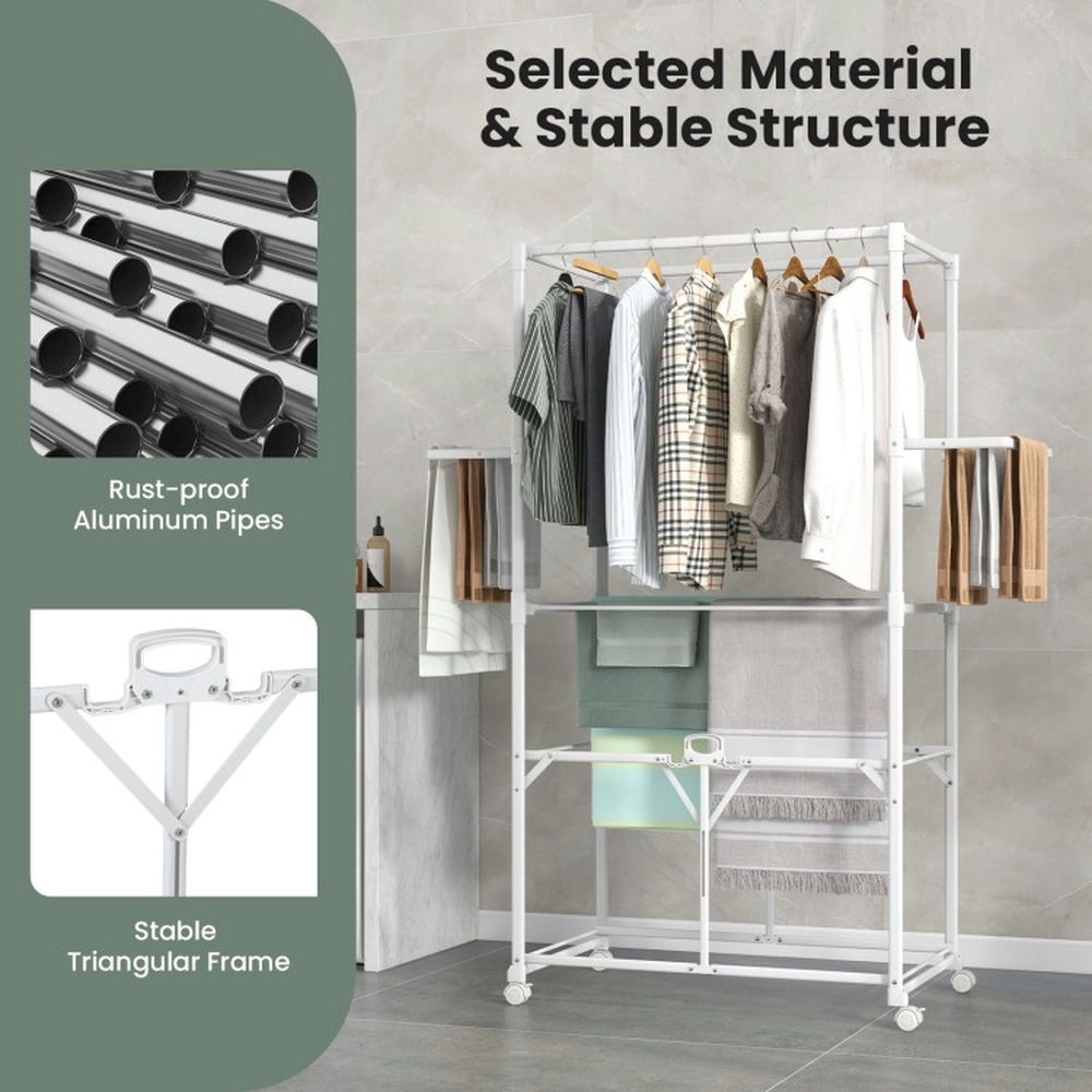 Finihen Drying Rack, Clothes Drying Rack, 68.5 Inches Foldable Aluminum Laundry Rack with Hanging Rods and Drying Shelves, for Indoor, Outdoor, White Finihen Drying Rack, Clothes Drying Rack, 68.5 Inches Foldable Aluminum Laundry Rack with Hanging Rods and Drying Shelves, for Indoor, Outdoor, White