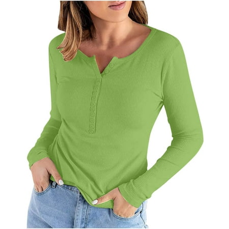 

YYDGH Women Ribbed Long Sleeve Button Down T-Shirt Under Scrub Crew Neck Basic Henley Top Green M