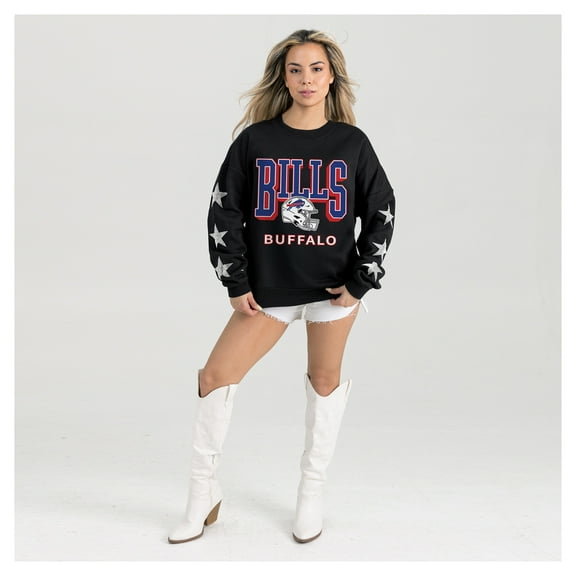 Women's Gameday Couture  Black Buffalo Bills Pure Victory Rhinestud Star-Sleeve Pullover Sweatshirt