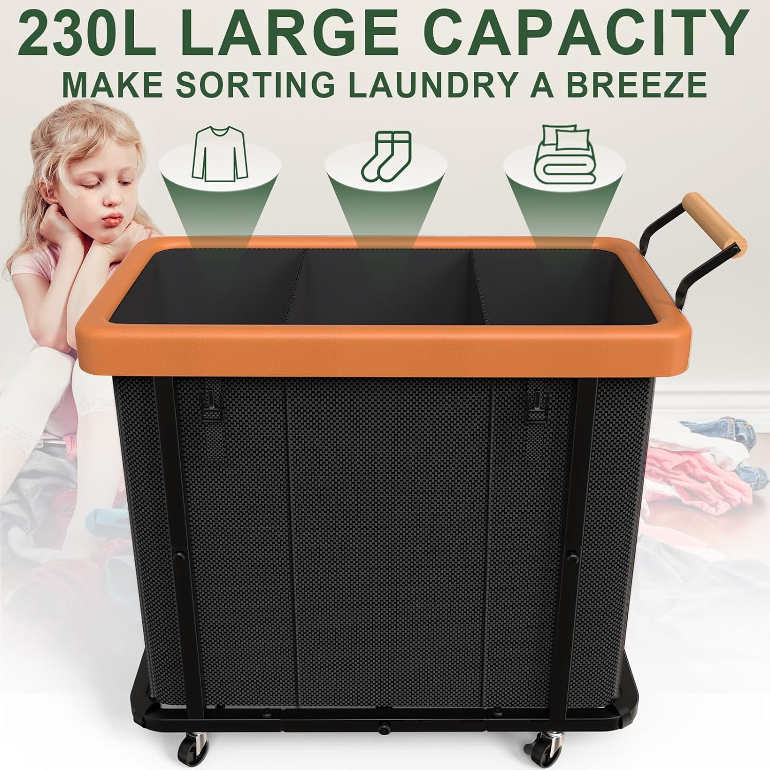 230L (60 Gal) Extra Large Fashion Laundry Sorter 3 Section with Lid, Rolling Laundry Basket Hamper with Handle, Laundry Organizer Storage Cart with Sturdy Metal Frame for Laundry Room, Hotel, Black