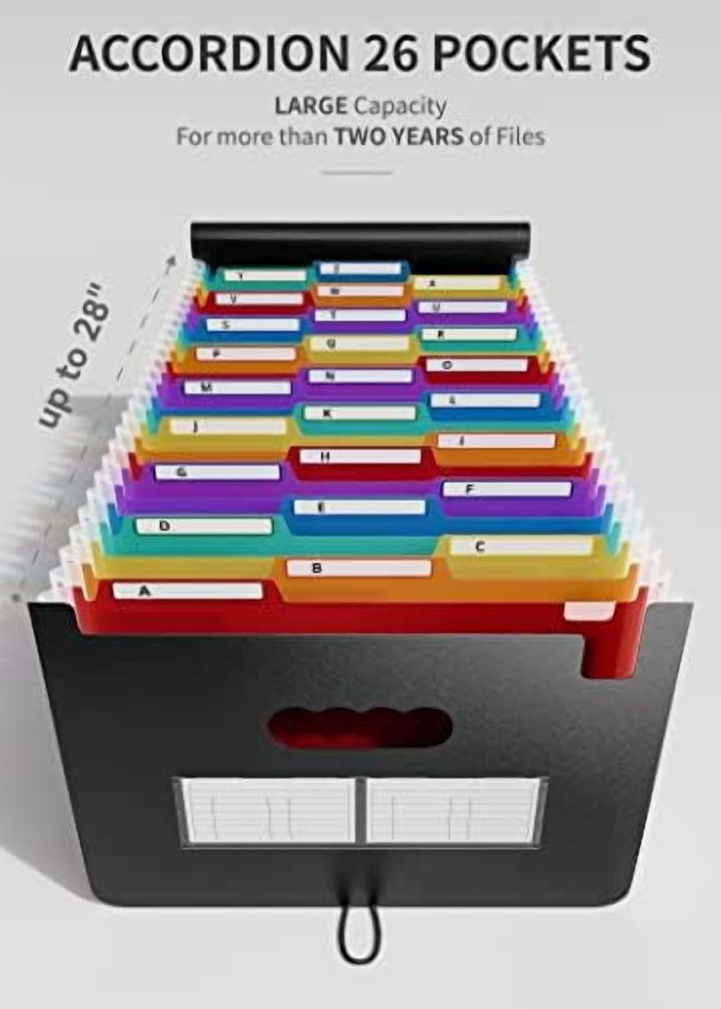 26 Pockets Expanding File Folder, Letter A4 Accordion File Organizer, 3 Tab File Folder, Portable Monthly Paper Bill Tax Receipt Organizer with Colorful A-Z Alphabetical Tabs - Black