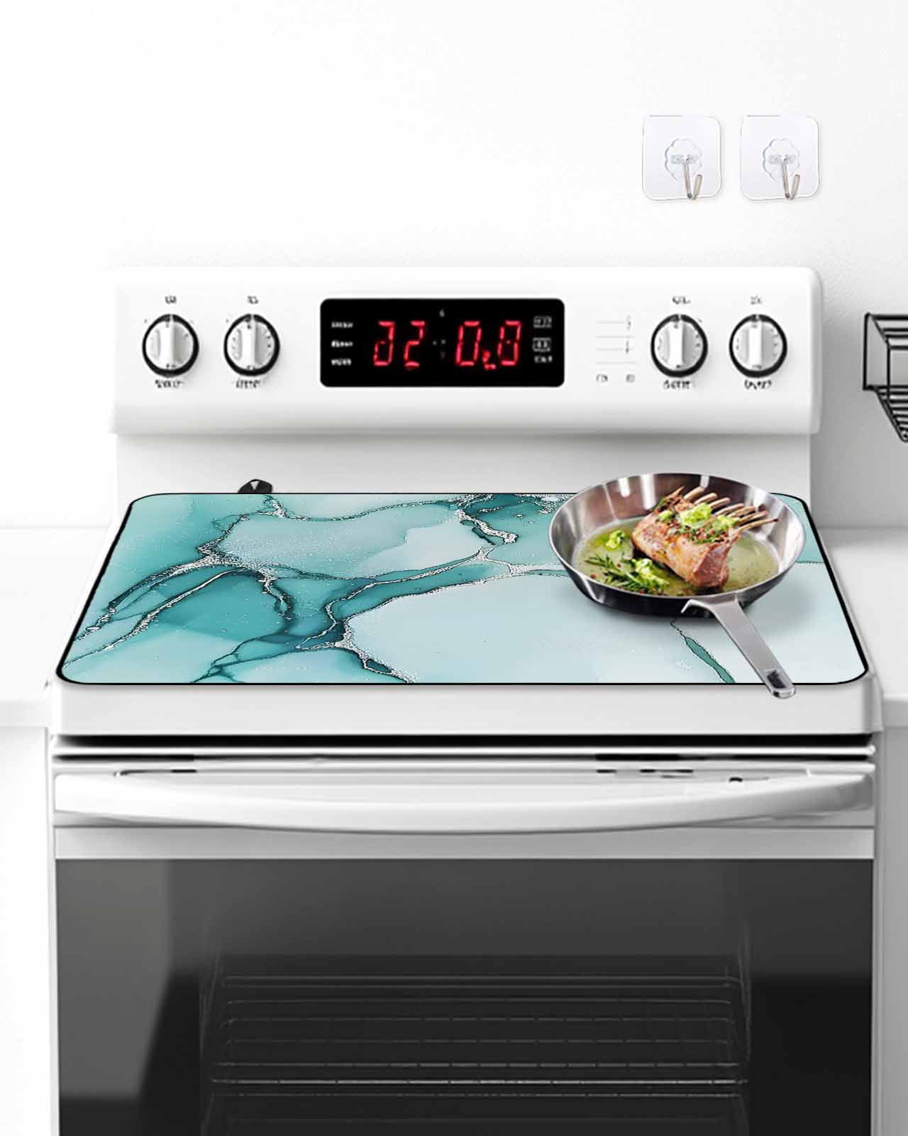 Stove Top Covers for Electric Stove, Marble Turquoise Glass Stovetop Cover Protector, Abstract Nature Cracks Silver Wavy Induction Cooktop Protector Oven Mat for Kitchen Countertop 24"x21"