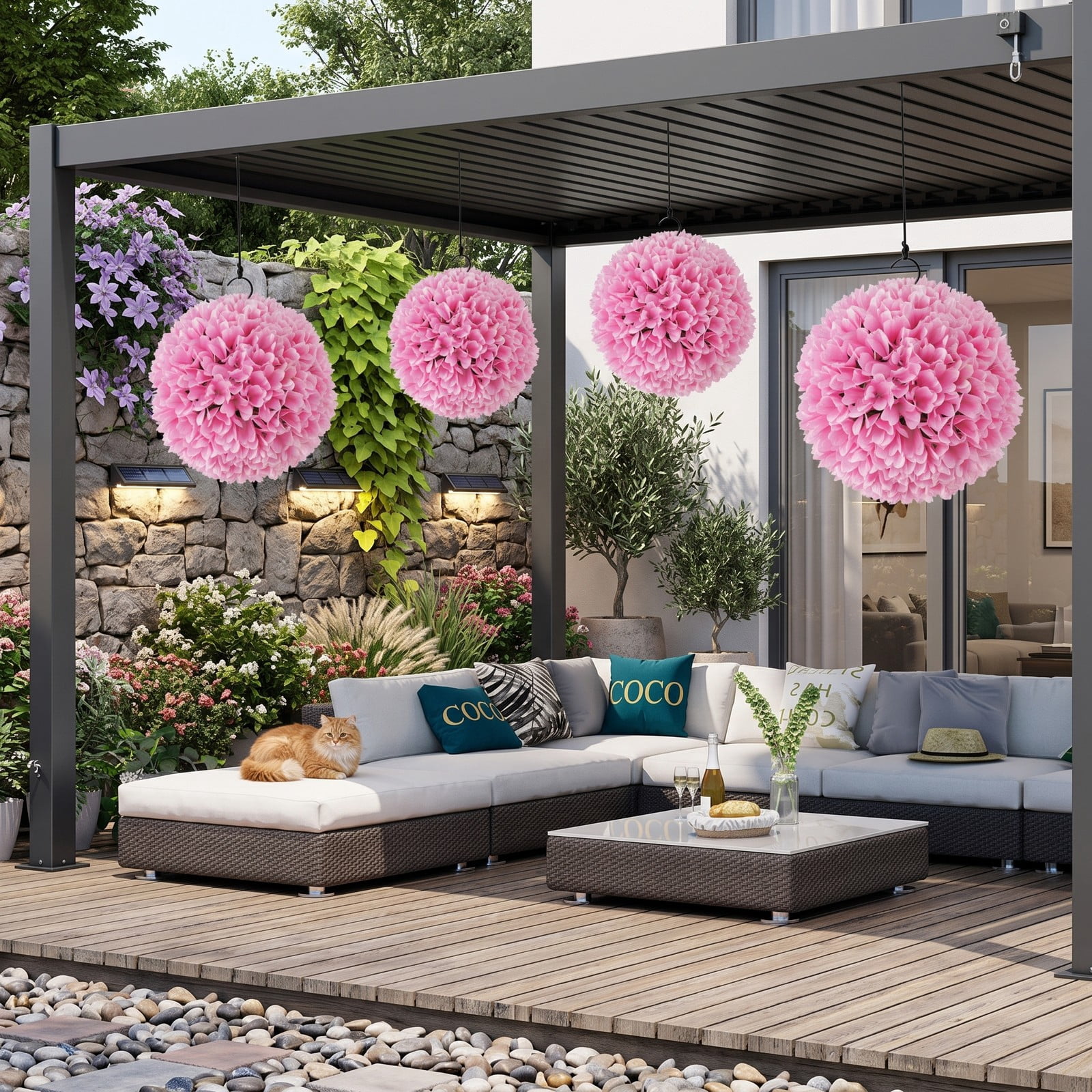 ALPULON Set of 2 Pink Artificial Topiary Balls, 11 Inch Lifelike PE Decorative Floral Spheres for Indoor Outdoor Porch Yard Home Wedding Decor