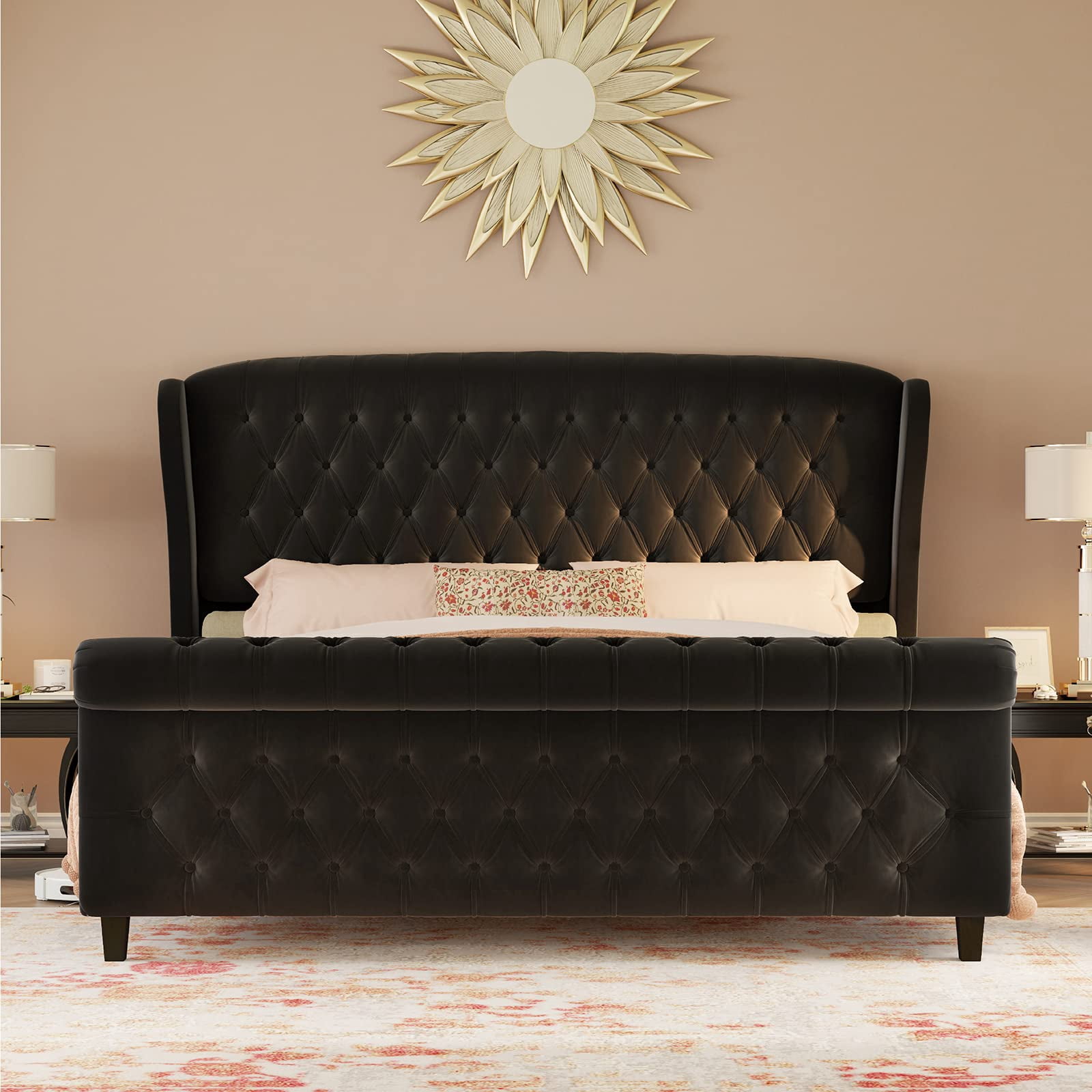 VanAcc King Size Platform Bed Frame, Chenille Upholstered Sleigh Bed Frame, Black