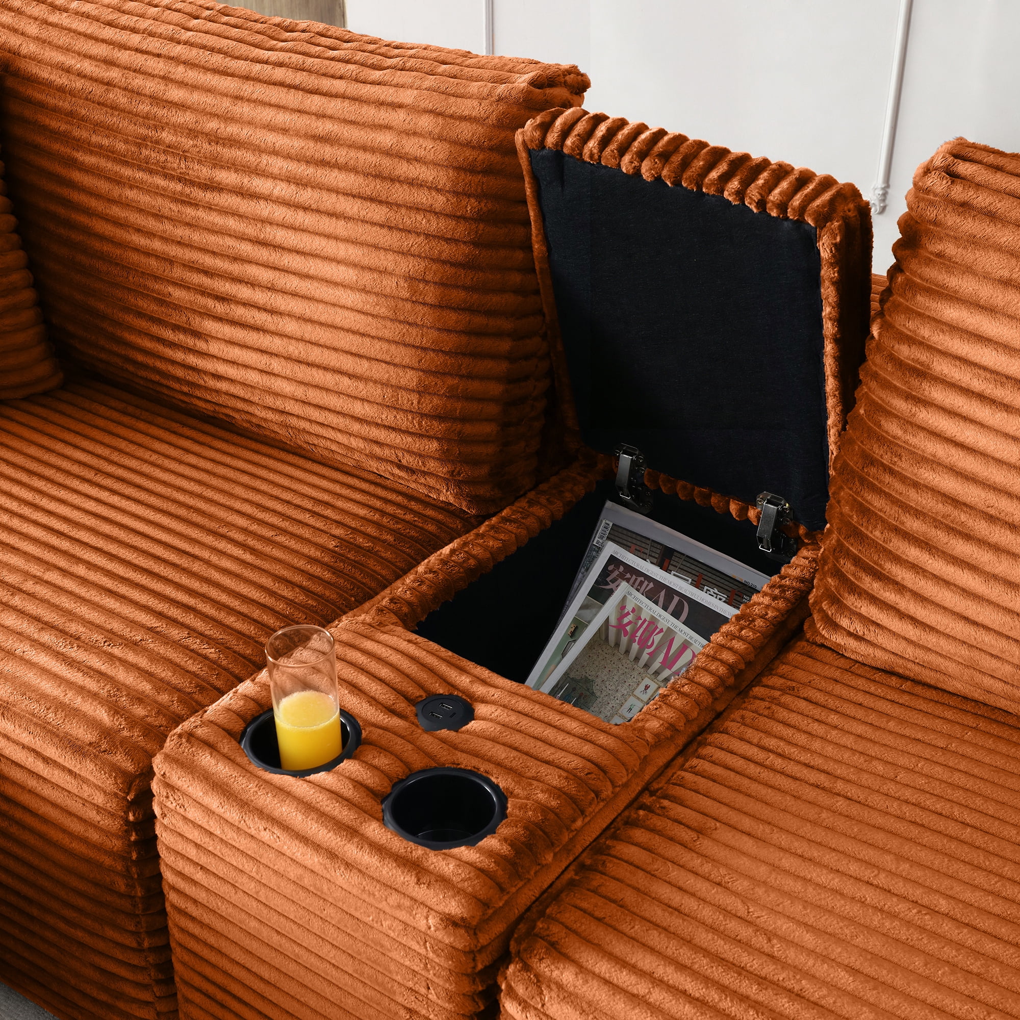 Aukfa 111" Cloud Sectional Sofa Deep Seat Boneless Couch with USB&Cupholdes Storage Console, Modular L-Shaped Couch for Living Room, Corduroy, Orange