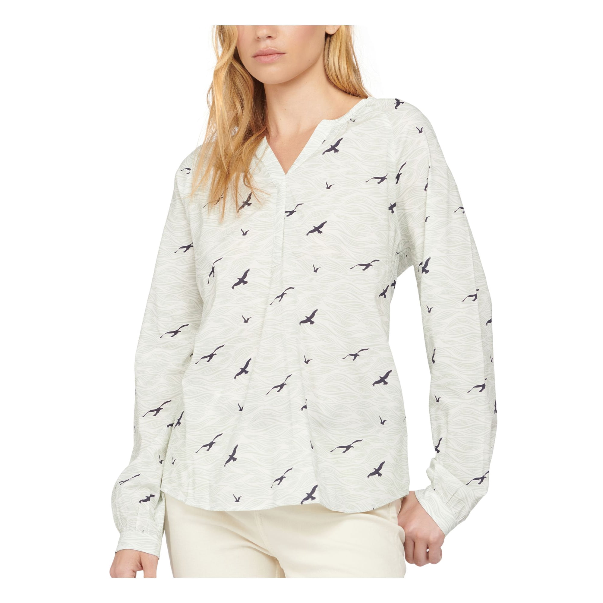 BARBOUR Womens White Gathered Sheer Notched Neckline Pullover Printed Cuffed Sleeve Top 14 Walmart
