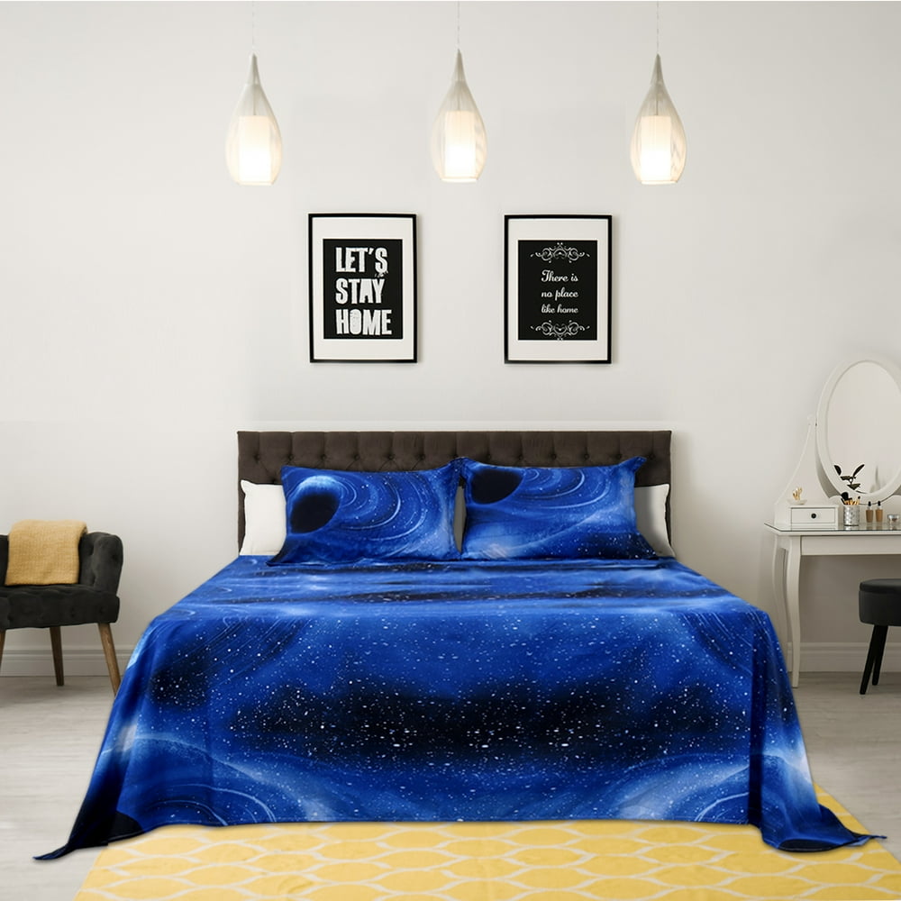 PiccoCasa Soft Polyester 3Pieces Galaxy Bed Sheets Bedding Set Blue