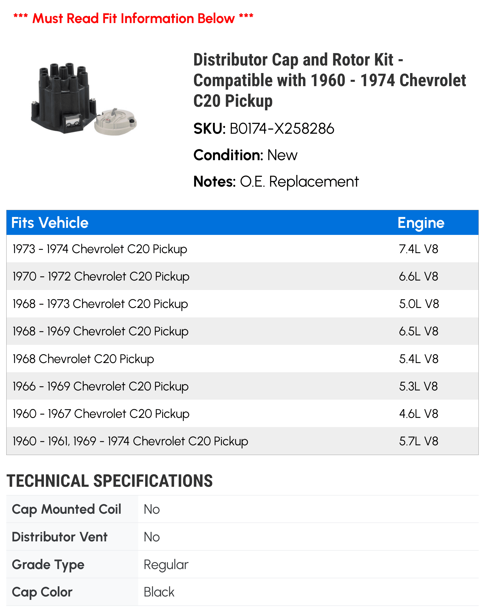 Distributor Cap and Rotor Kit - Compatible with 1960 - 1974 Chevy C20 Pickup 1961 1962 1963 1964 1965 1966 1967 1968 1969 1970 1971 1972 1973