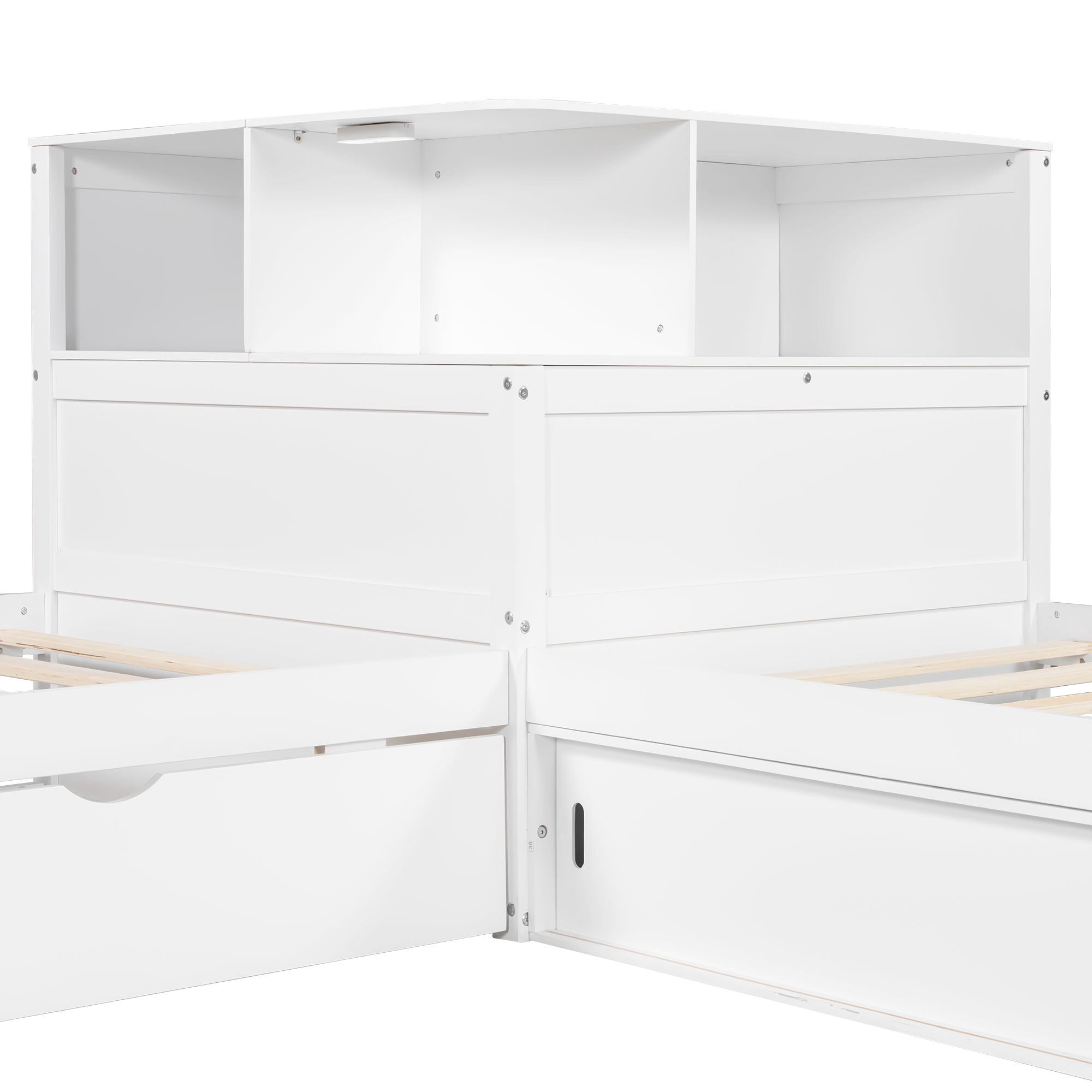 Euroco Pine Wood L-Shaped Twin Platform Bed with Storage Desk, Cabinets, Trundle and LED Light for Kids Teens, White