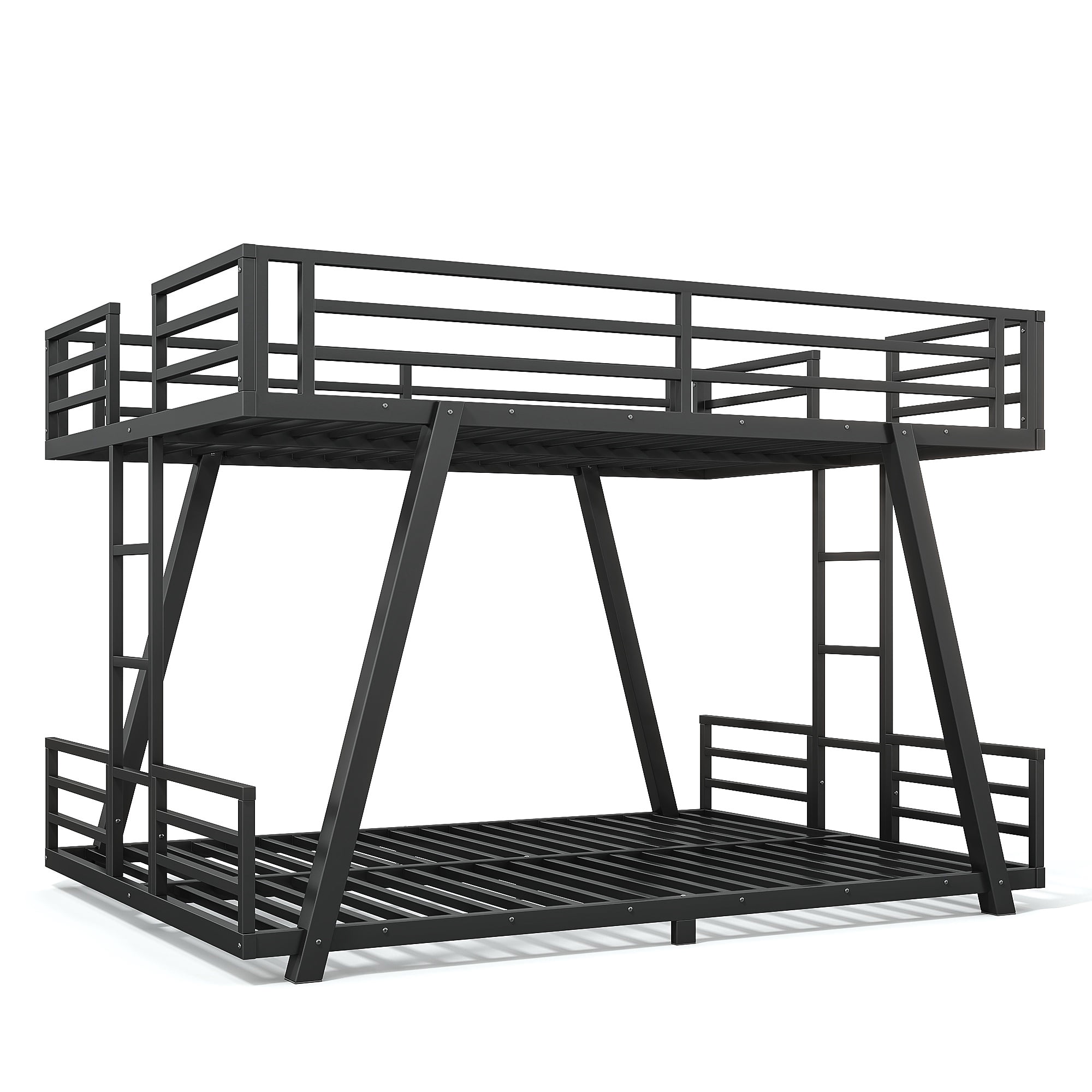 Leumius Queen over Queen Bunk Bed Frame with 2 Side Ladders, Metal Bunk Bed with Spdcial Support Leg Design and LED Light, Low Profile Bunk Bed for Teens Adults Black